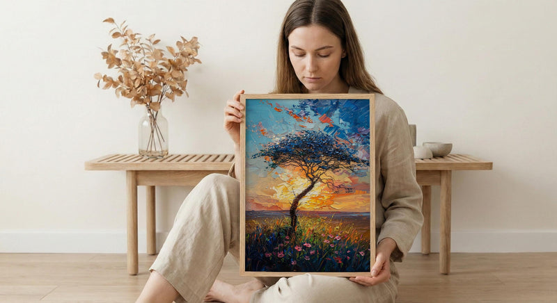 Serengeti Green Savanna Poster, Acacia Tree Nature Wall Decor - Textured Impasto Oil Painting