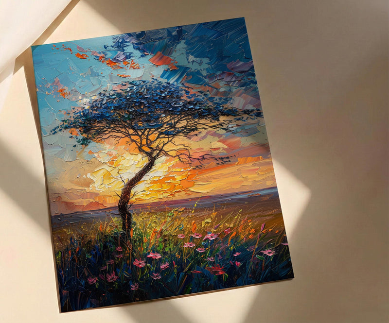 Serengeti Green Savanna Poster, Acacia Tree Nature Wall Decor - Textured Impasto Oil Painting