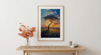 Serengeti Green Savanna Poster, Acacia Tree Nature Wall Decor - Textured Impasto Oil Painting
