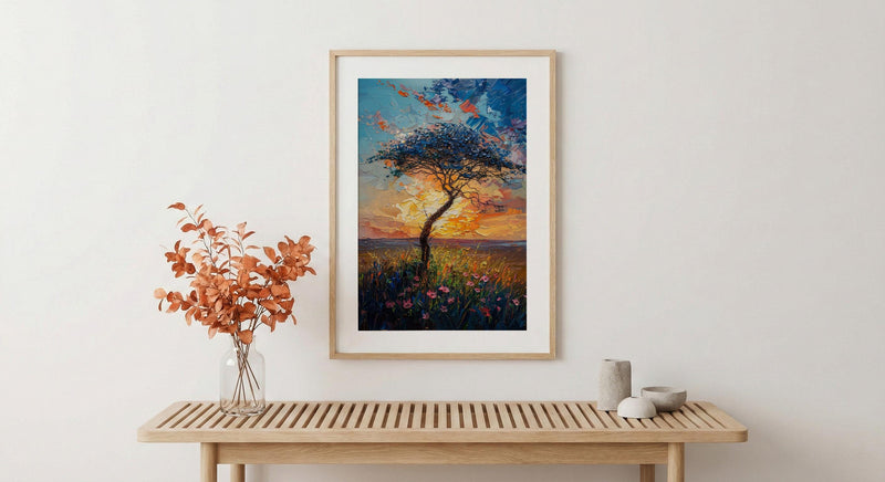 Serengeti Green Savanna Poster, Acacia Tree Nature Wall Decor - Textured Impasto Oil Painting