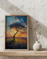 Serengeti Green Savanna Poster, Acacia Tree Nature Wall Decor - Textured Impasto Oil Painting