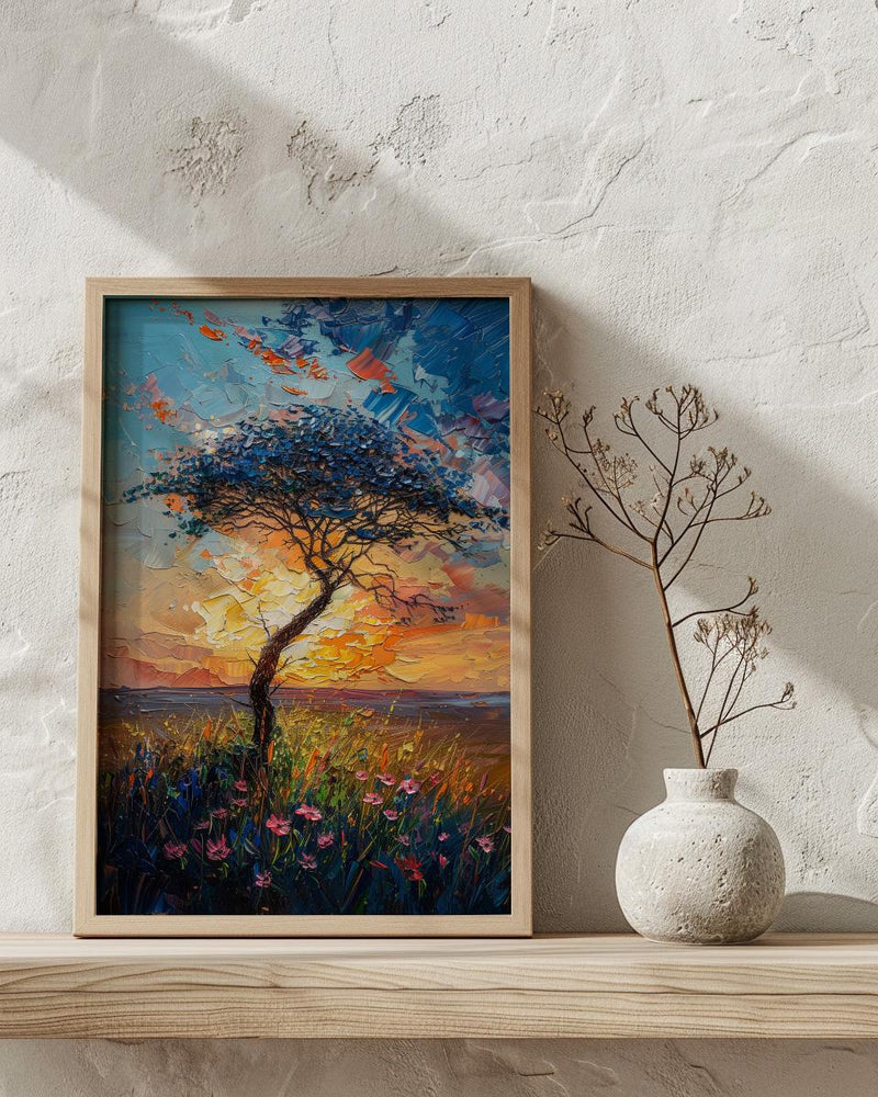 Serengeti Green Savanna Poster, Acacia Tree Nature Wall Decor - Textured Impasto Oil Painting