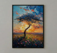 Serengeti Green Savanna Poster, Acacia Tree Nature Wall Decor - Textured Impasto Oil Painting