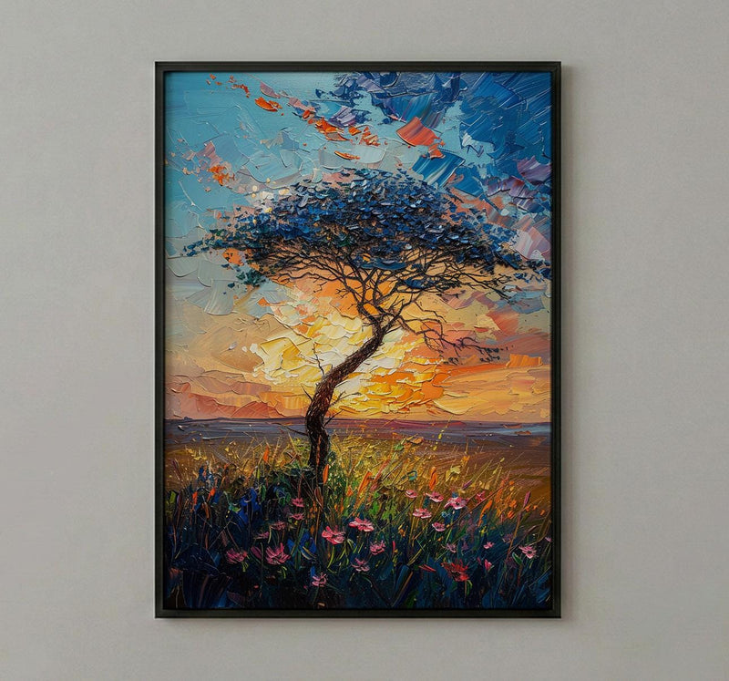 Serengeti Green Savanna Poster, Acacia Tree Nature Wall Decor - Textured Impasto Oil Painting