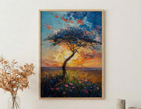 Serengeti Green Savanna Poster, Acacia Tree Nature Wall Decor - Textured Impasto Oil Painting