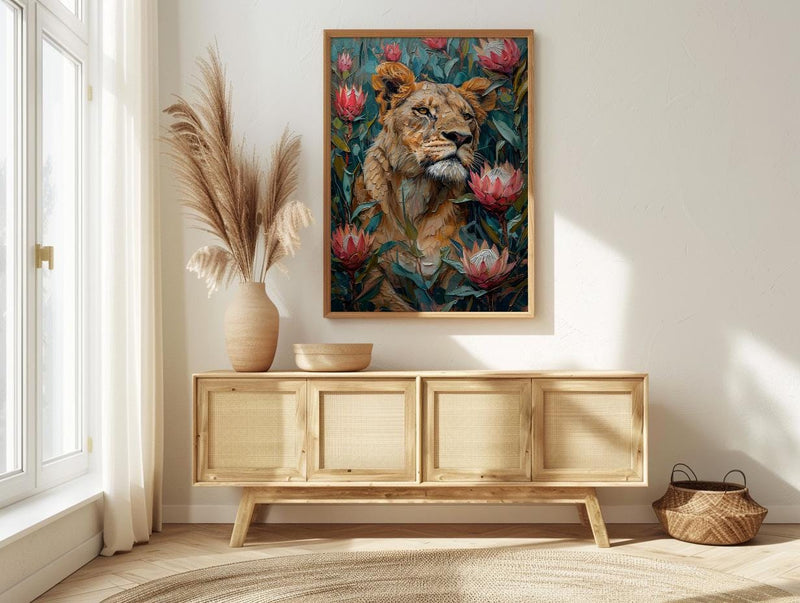 Lioness King Protea Wall Decor, African Wildlife Floral Print - Textured Impasto Oil Painting