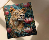 Lioness King Protea Wall Decor, African Wildlife Floral Print - Textured Impasto Oil Painting