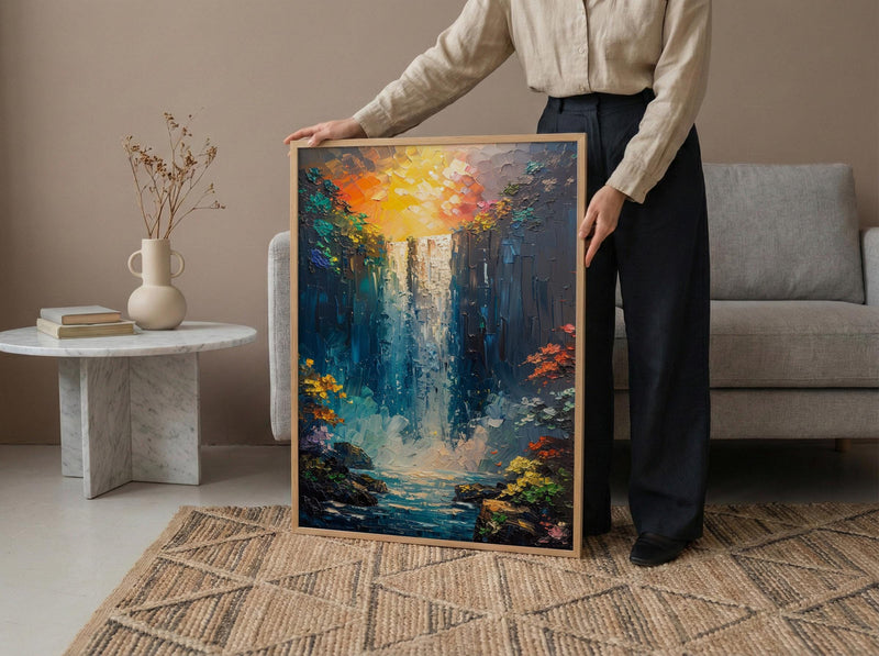 Victoria Falls Rainbow Wall Art, Tropical Waterfall Landscape - Textured Impasto Oil Painting