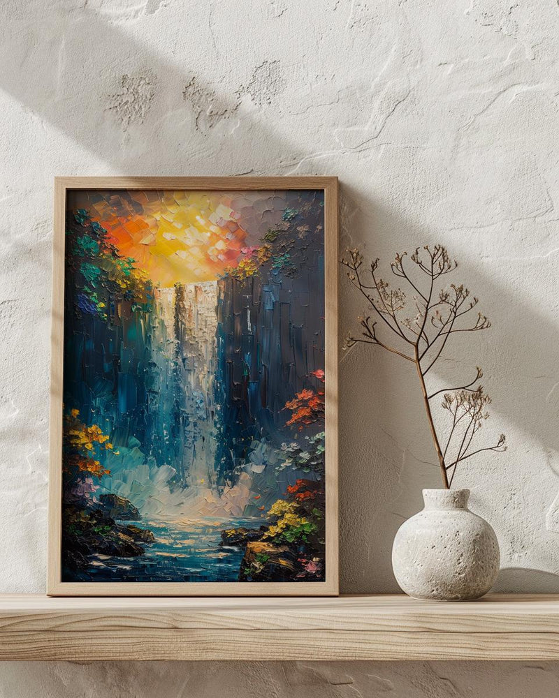 Victoria Falls Rainbow Wall Art, Tropical Waterfall Landscape - Textured Impasto Oil Painting