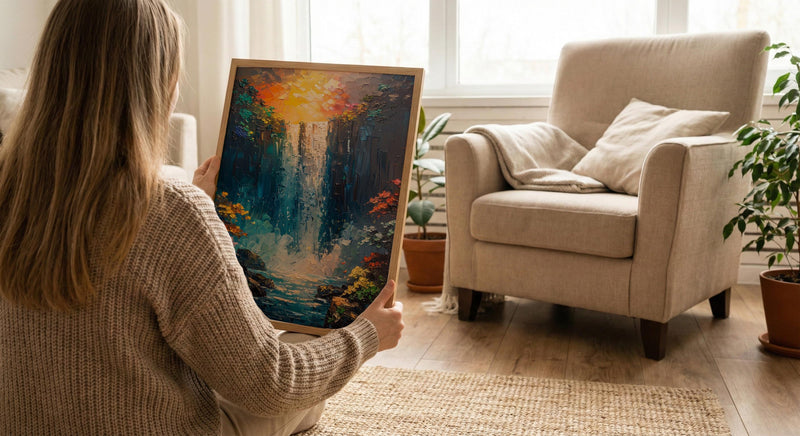 Victoria Falls Rainbow Wall Art, Tropical Waterfall Landscape - Textured Impasto Oil Painting