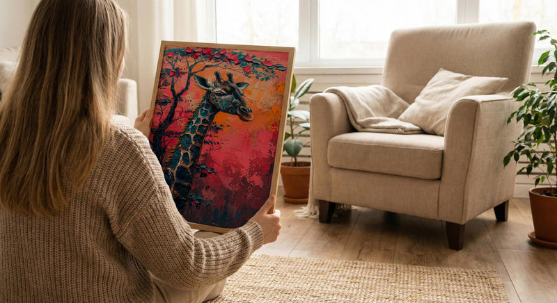 Giraffe Pastel Sunset Poster, Safari Nursery Wall Decor Print - Textured Impasto Oil Painting