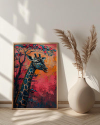 Giraffe Pastel Sunset Poster, Safari Nursery Wall Decor Print - Textured Impasto Oil Painting
