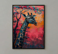 Giraffe Pastel Sunset Poster, Safari Nursery Wall Decor Print - Textured Impasto Oil Painting