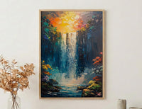 Victoria Falls Rainbow Wall Art, Tropical Waterfall Landscape - Textured Impasto Oil Painting