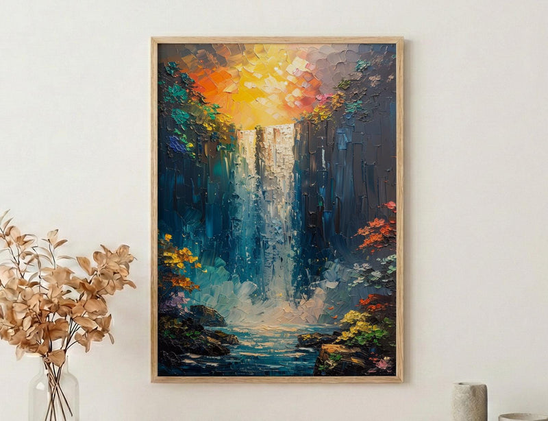 Victoria Falls Rainbow Wall Art, Tropical Waterfall Landscape - Textured Impasto Oil Painting