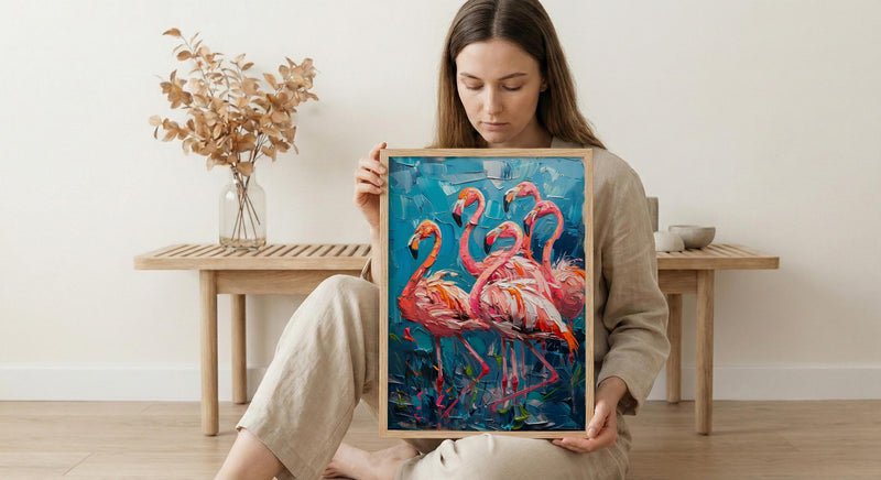 Pink Flamingo Blue Lake Wall Art, Tropical Bird Nature Poster - Textured Impasto Oil Painting