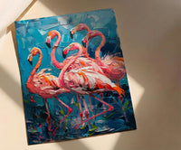 Pink Flamingo Blue Lake Wall Art, Tropical Bird Nature Poster - Textured Impasto Oil Painting