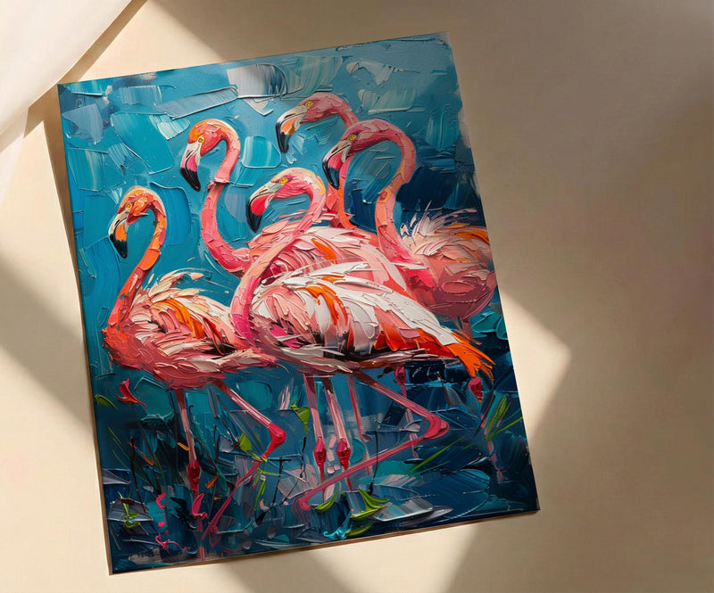 Pink Flamingo Blue Lake Wall Art, Tropical Bird Nature Poster - Textured Impasto Oil Painting