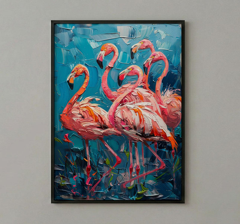 Pink Flamingo Blue Lake Wall Art, Tropical Bird Nature Poster - Textured Impasto Oil Painting