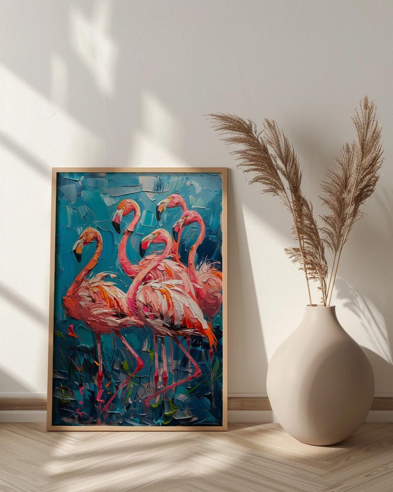 Pink Flamingo Blue Lake Wall Art, Tropical Bird Nature Poster - Textured Impasto Oil Painting