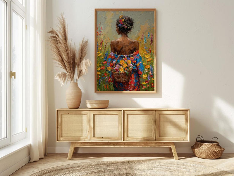 African Woman Floral Art Print, Cultural Female Wall Decor - Textured Impasto Oil Painting