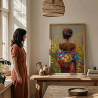 African Woman Floral Art Print, Cultural Female Wall Decor - Textured Impasto Oil Painting