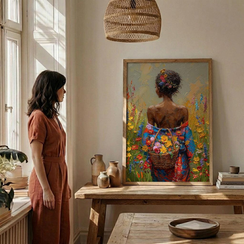 African Woman Floral Art Print, Cultural Female Wall Decor - Textured Impasto Oil Painting