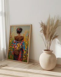 African Woman Floral Art Print, Cultural Female Wall Decor - Textured Impasto Oil Painting