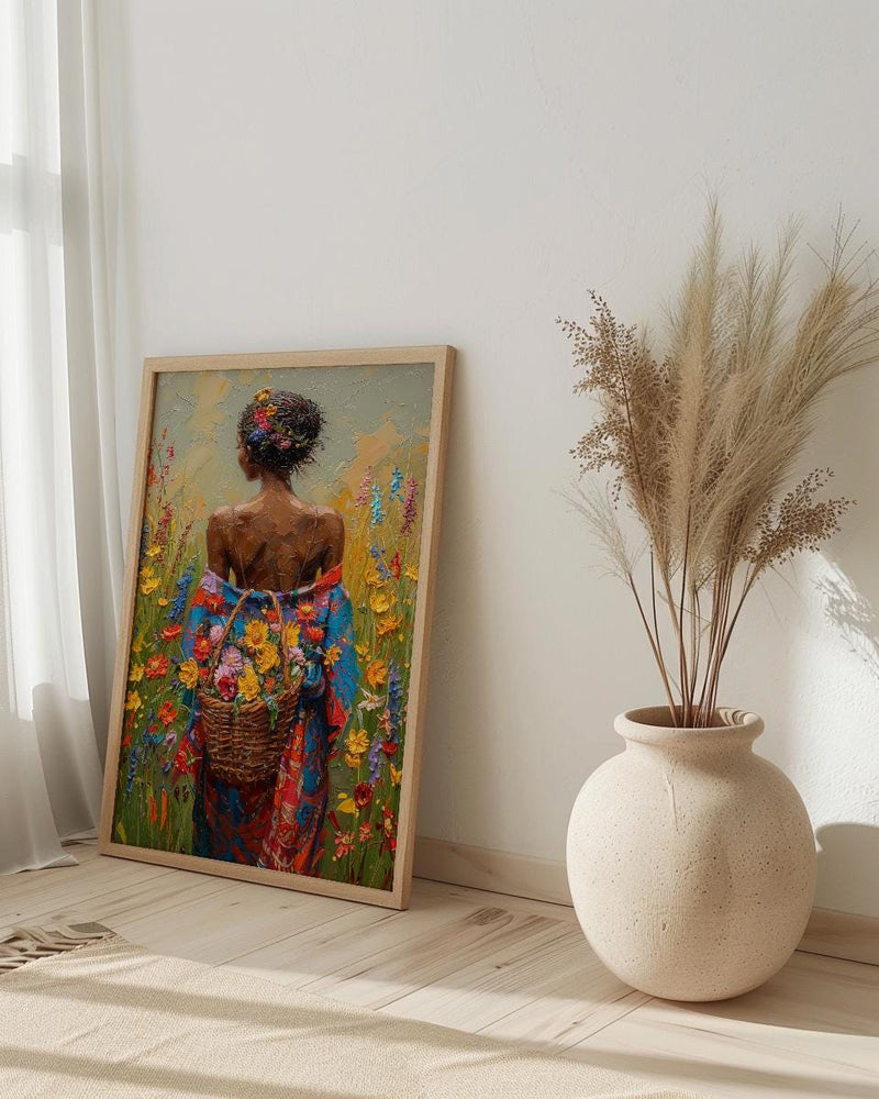 African Woman Floral Art Print, Cultural Female Wall Decor - Textured Impasto Oil Painting