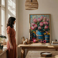 Cape Town Flower Market Poster, Pink Protea Wall Decor - Textured Impasto Oil Painting