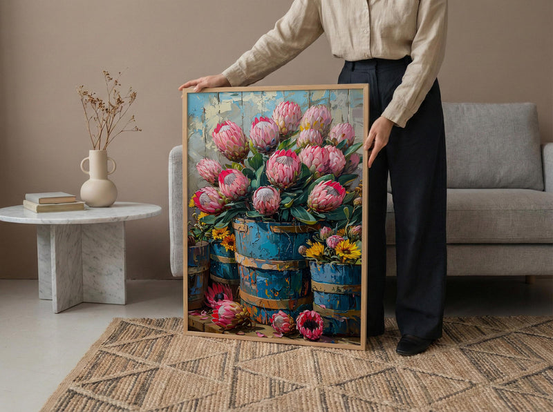 Cape Town Flower Market Poster, Pink Protea Wall Decor - Textured Impasto Oil Painting