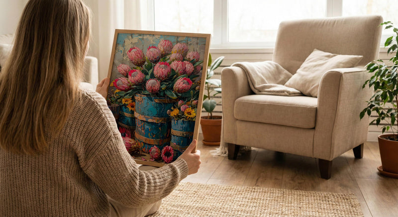 Cape Town Flower Market Poster, Pink Protea Wall Decor - Textured Impasto Oil Painting
