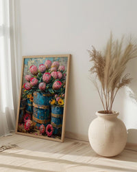 Cape Town Flower Market Poster, Pink Protea Wall Decor - Textured Impasto Oil Painting