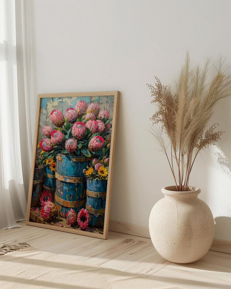 Cape Town Flower Market Poster, Pink Protea Wall Decor - Textured Impasto Oil Painting