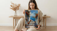 Sidi Bou Said Stairs Wall Decor, Tunisia Red Geranium Print - Textured Impasto Oil Painting