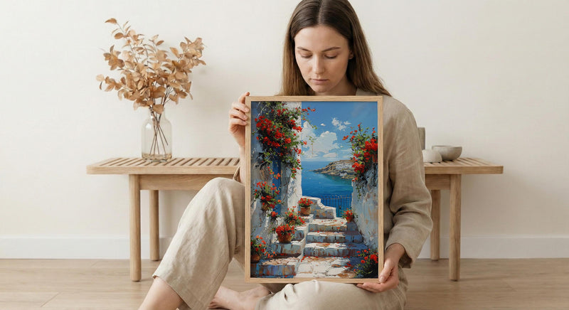 Sidi Bou Said Stairs Wall Decor, Tunisia Red Geranium Print - Textured Impasto Oil Painting