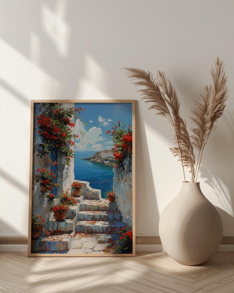 Sidi Bou Said Stairs Wall Decor, Tunisia Red Geranium Print - Textured Impasto Oil Painting