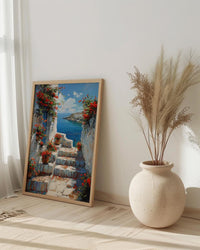 Sidi Bou Said Stairs Wall Decor, Tunisia Red Geranium Print - Textured Impasto Oil Painting