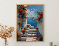 Sidi Bou Said Stairs Wall Decor, Tunisia Red Geranium Print - Textured Impasto Oil Painting