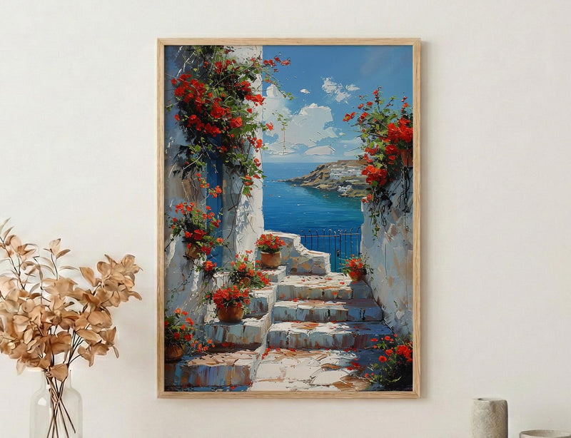 Sidi Bou Said Stairs Wall Decor, Tunisia Red Geranium Print - Textured Impasto Oil Painting