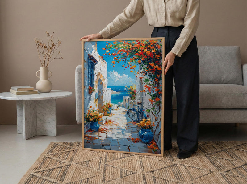 Essaouira Coastal Art Print, Moroccan Yellow Flower Decor - Textured Impasto Oil Painting