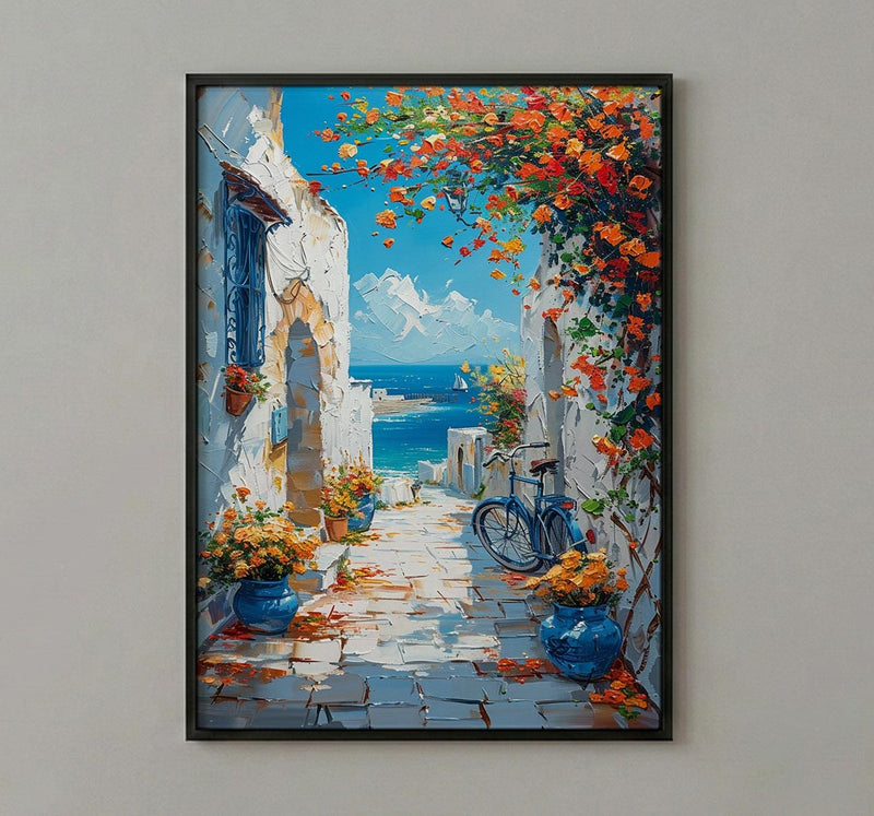 Essaouira Coastal Art Print, Moroccan Yellow Flower Decor - Textured Impasto Oil Painting