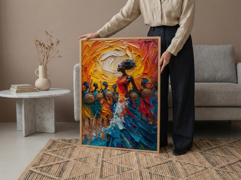 Zulu Dance Wall Decor, Serengeti Village Print - Thick Oil Painting Style