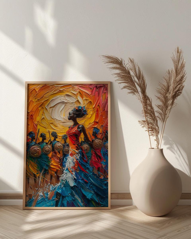 Zulu Dance Wall Decor, Serengeti Village Print - Thick Oil Painting Style