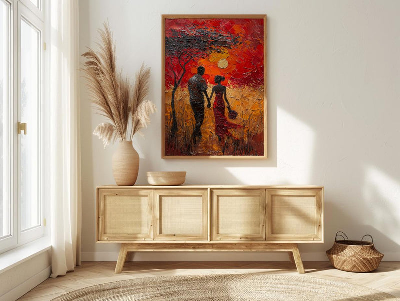Serengeti Sunset Wall Decor, Safari Honeymoon - Thick Oil Painting Style