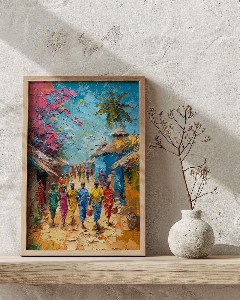 African Village Art, Traditional Wedding Print - Thick Oil Painting Style