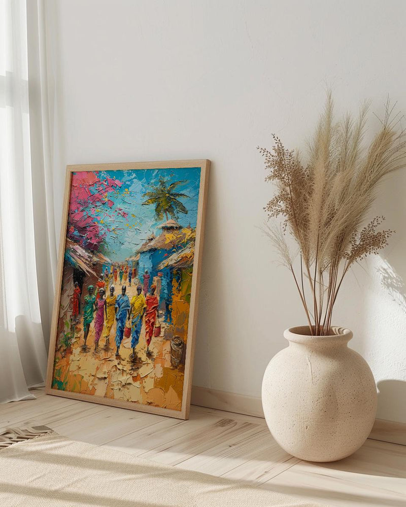 African Village Art, Traditional Wedding Print - Thick Oil Painting Style
