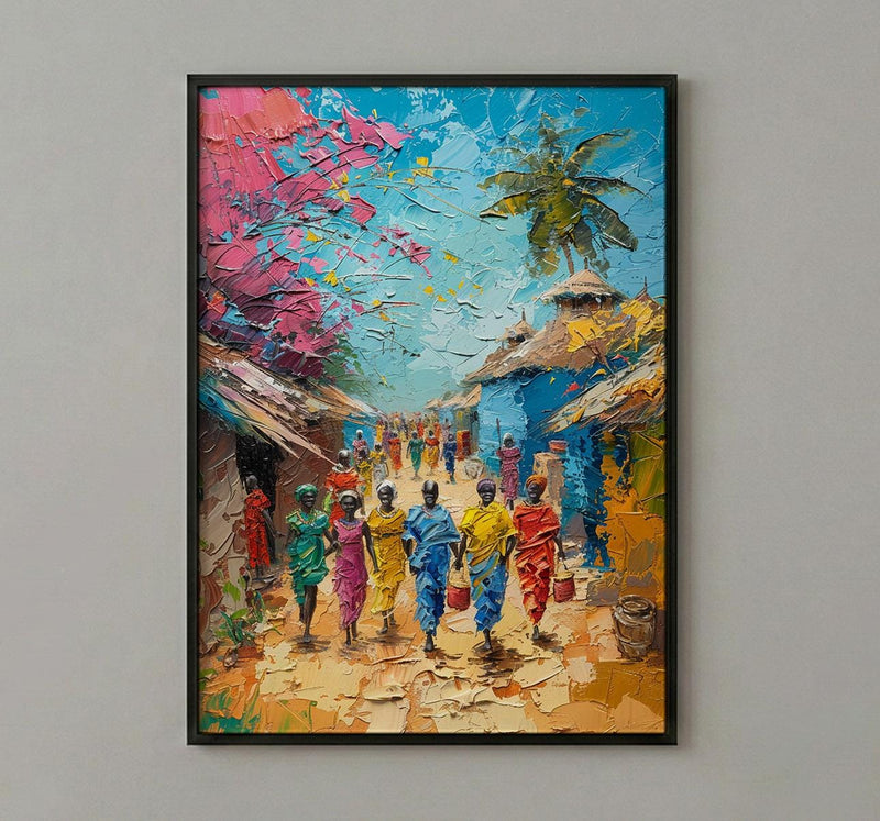 African Village Art, Traditional Wedding Print - Thick Oil Painting Style