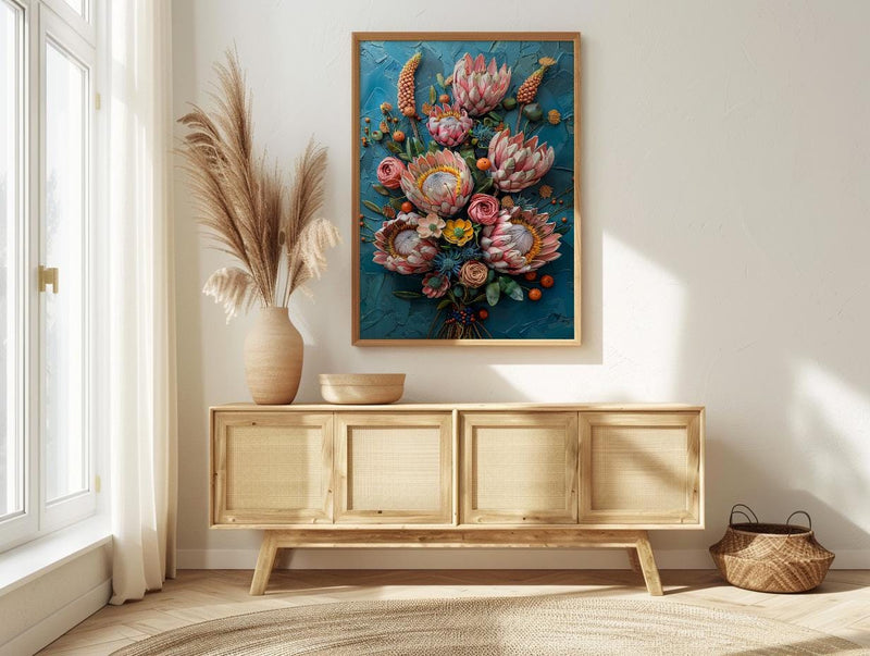 African Bridal Bouquet Poster, Protea Flower - Thick Oil Painting Style