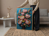 African Bridal Bouquet Poster, Protea Flower - Thick Oil Painting Style